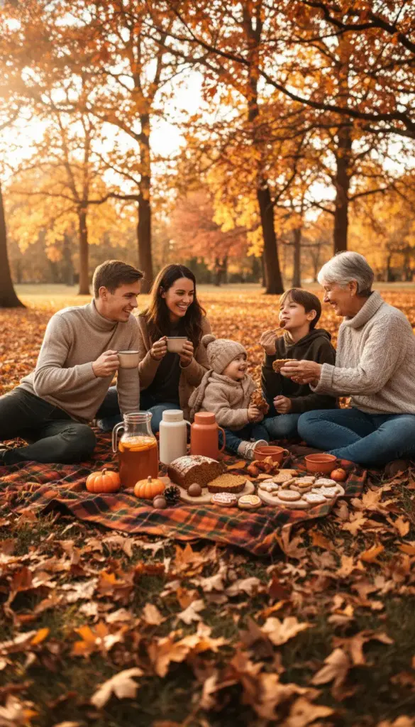 Family enjoying a cozy autumn picnic with seasonal foods as a fun fall activity
