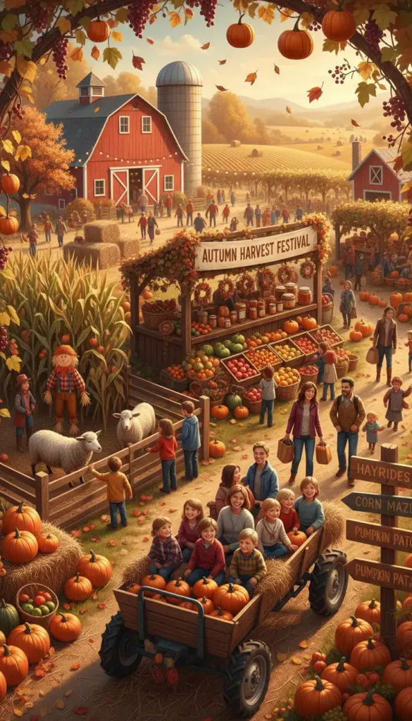 Family enjoying activities at a harvest festival as a fun autumn event