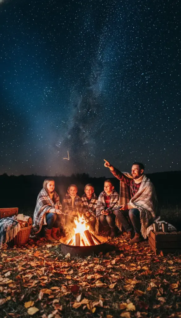 Family gathered around a campfire for stargazing as a fun autumn activity