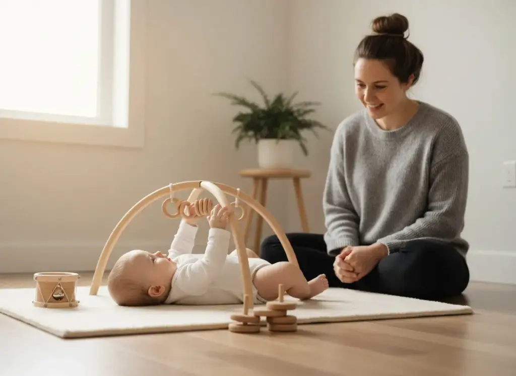 Parent observing baby exploring Montessori toys on a simple play mat