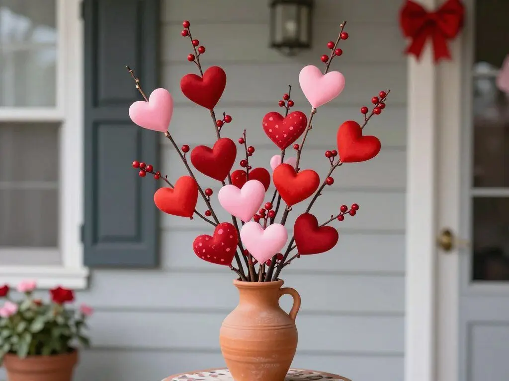 Valentine's Day branches with hearts and berries in a terracotta vase
