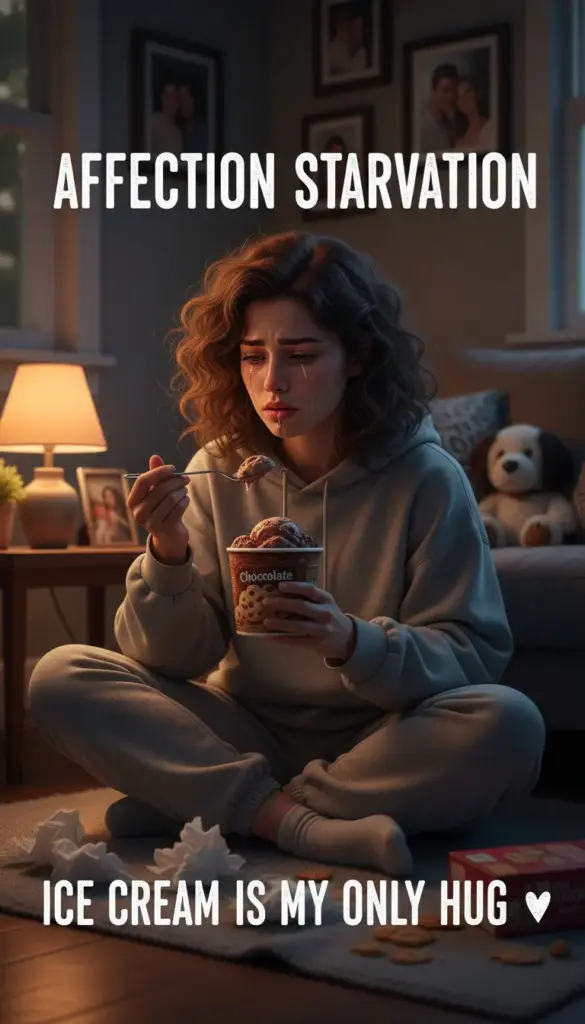 Woman emotional eating ice cream, representing coping mechanisms for women starved of affection