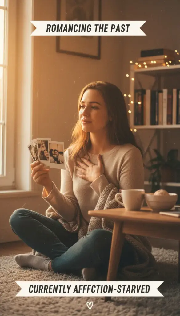 Woman looking at old photos of ex-partner, showing how women starved of affection may idealize past relationships