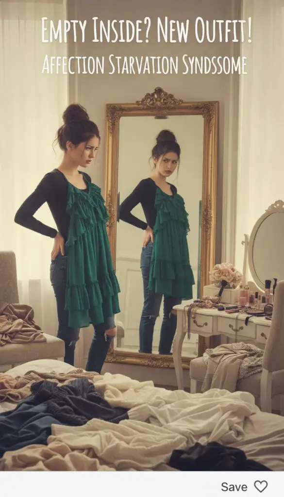 Woman obsessing over appearance in mirror, representing how women starved of affection may become preoccupied with looks