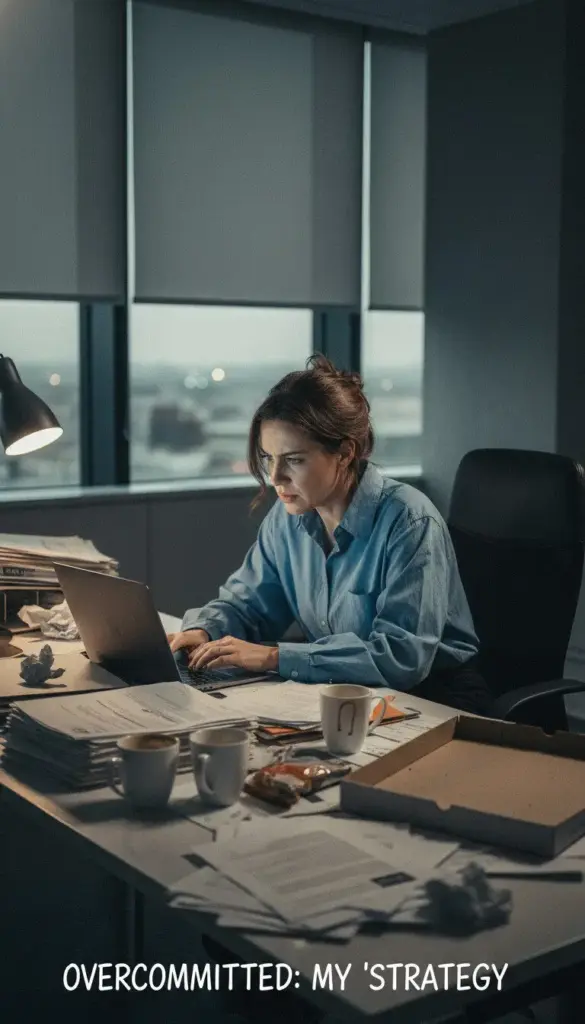Woman working late at office desk, representing overcommitment to work due to affection starvation