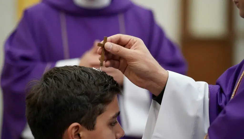 Ash Wednesday church service with priest applying ashes to forehead marking the start of Lent season
