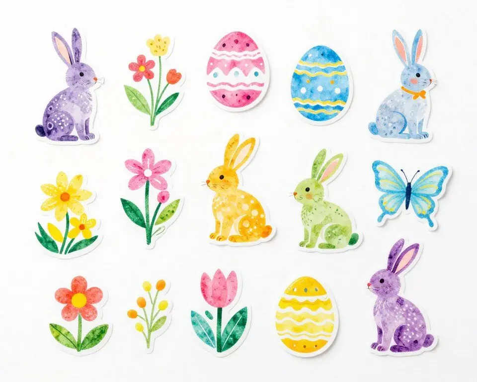 Assorted temporary tattoos featuring Easter bunnies, eggs, and spring themes