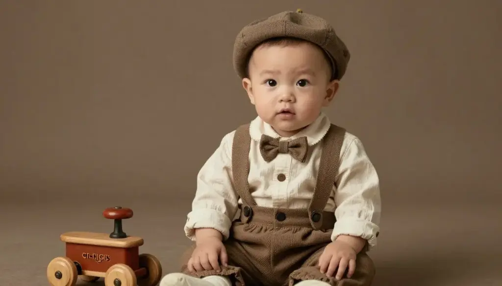 Baby boy dressed in vintage-style clothing with antique toys