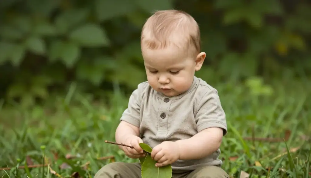 Baby boy outdoors in a green setting playing with leaves and twigs