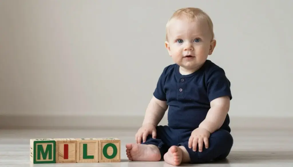 Baby boy with blonde hair in a navy blue outfit sitting next to wooden blocks spelling out Milo