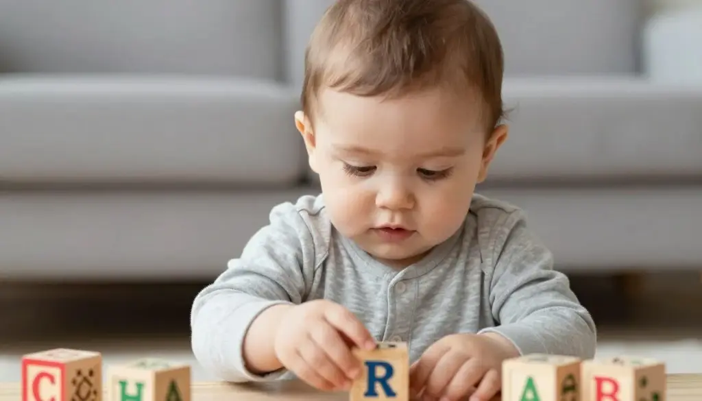 Baby boy with brown hair in a grey outfit playing with wooden blocks, one showing the letter R