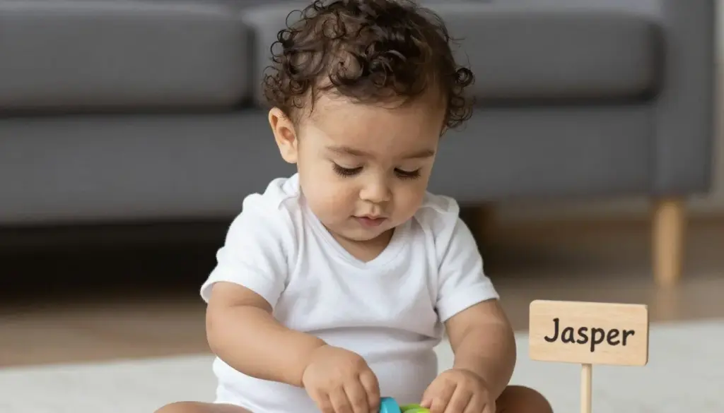 Baby boy with dark curly hair wearing a white outfit playing with a wooden toy, name Jasper visible on a small sign