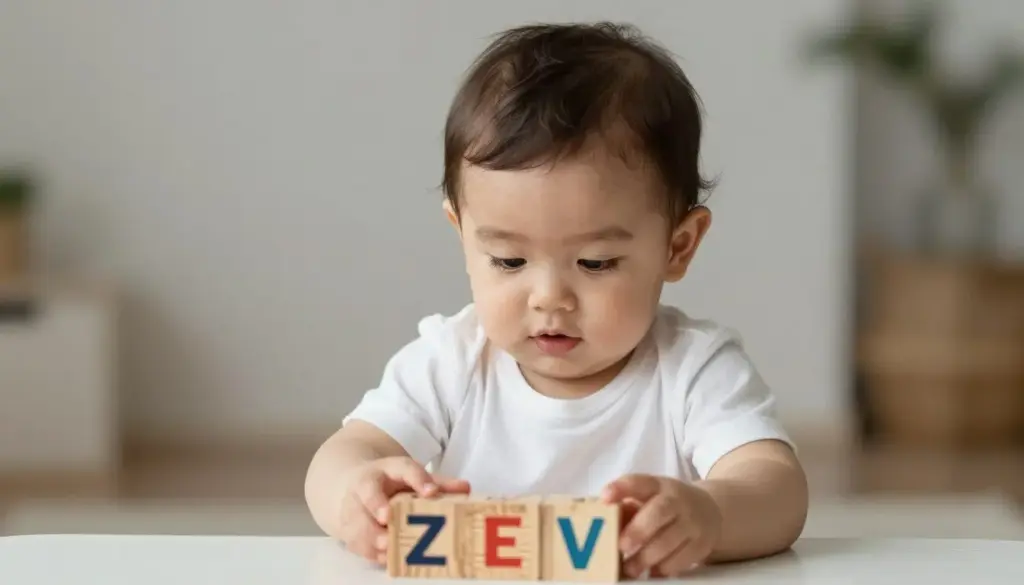 Baby boy with dark hair wearing a white outfit playing with wooden blocks spelling out Zev