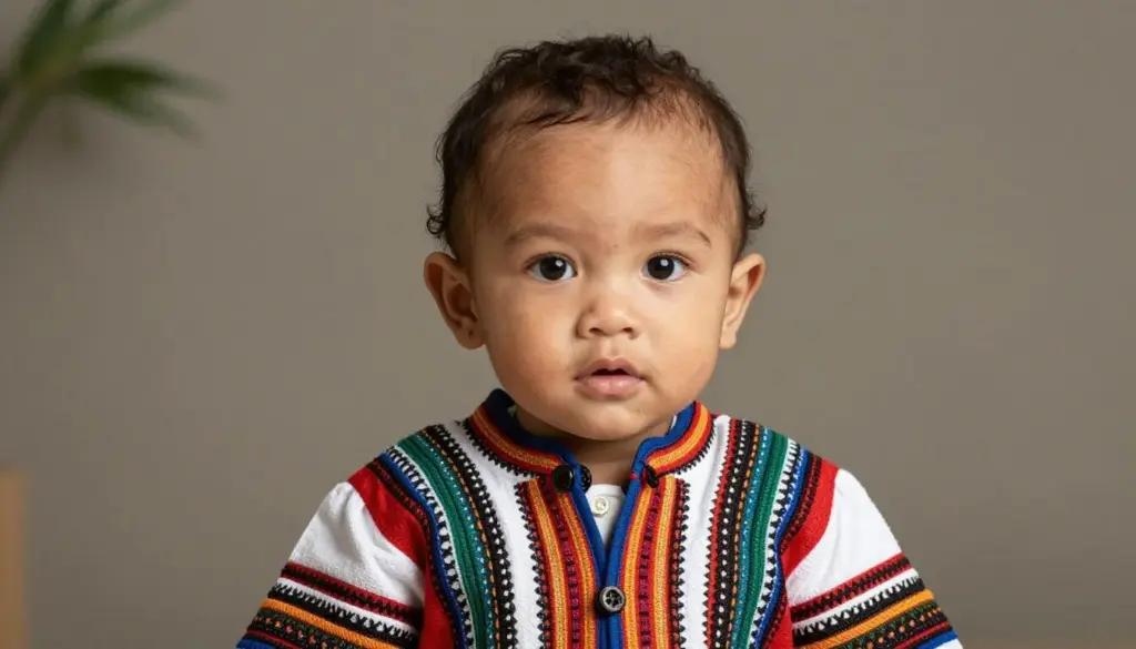 Baby boy with diverse ethnic features wearing traditional cultural clothing