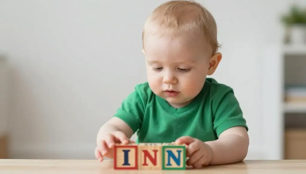 Baby boy with light hair wearing a green outfit playing with wooden letter blocks spelling Finn