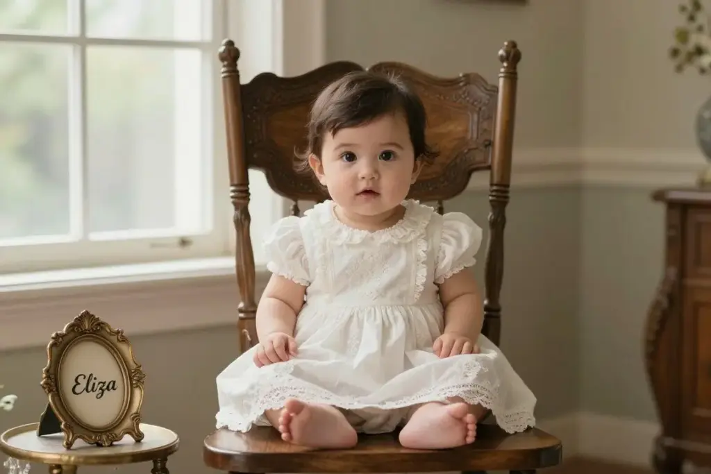 Baby girl named Eliza in vintage setting