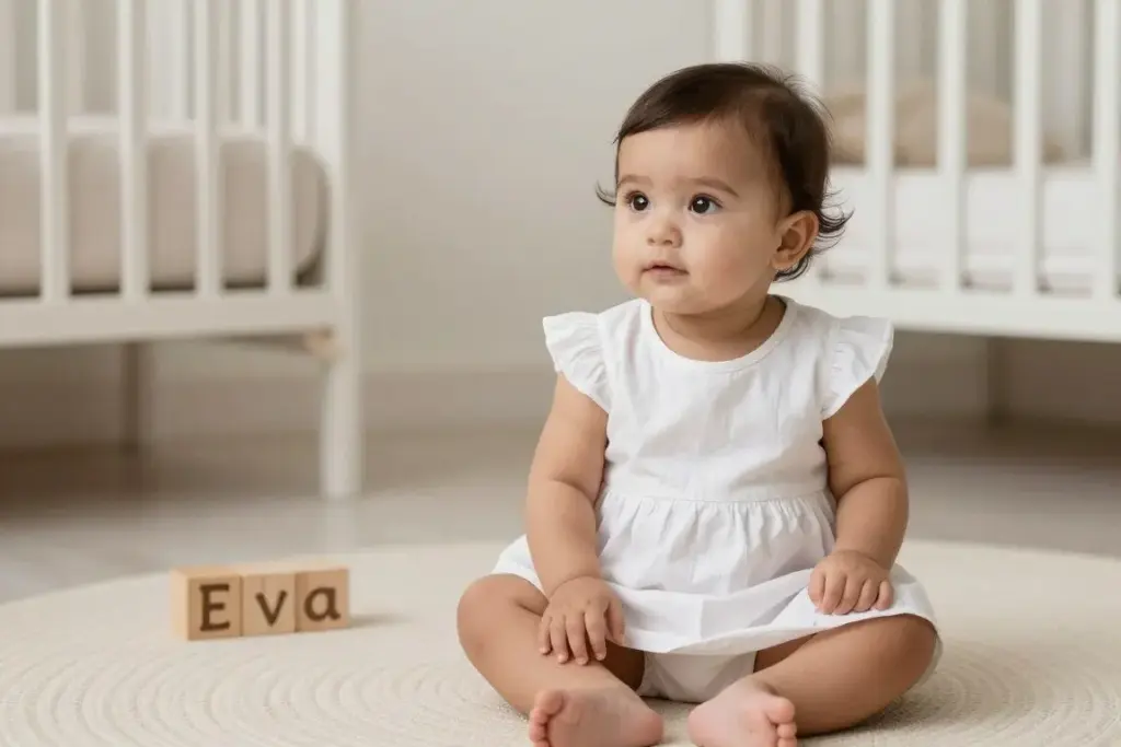 Baby girl named Eva in white dress