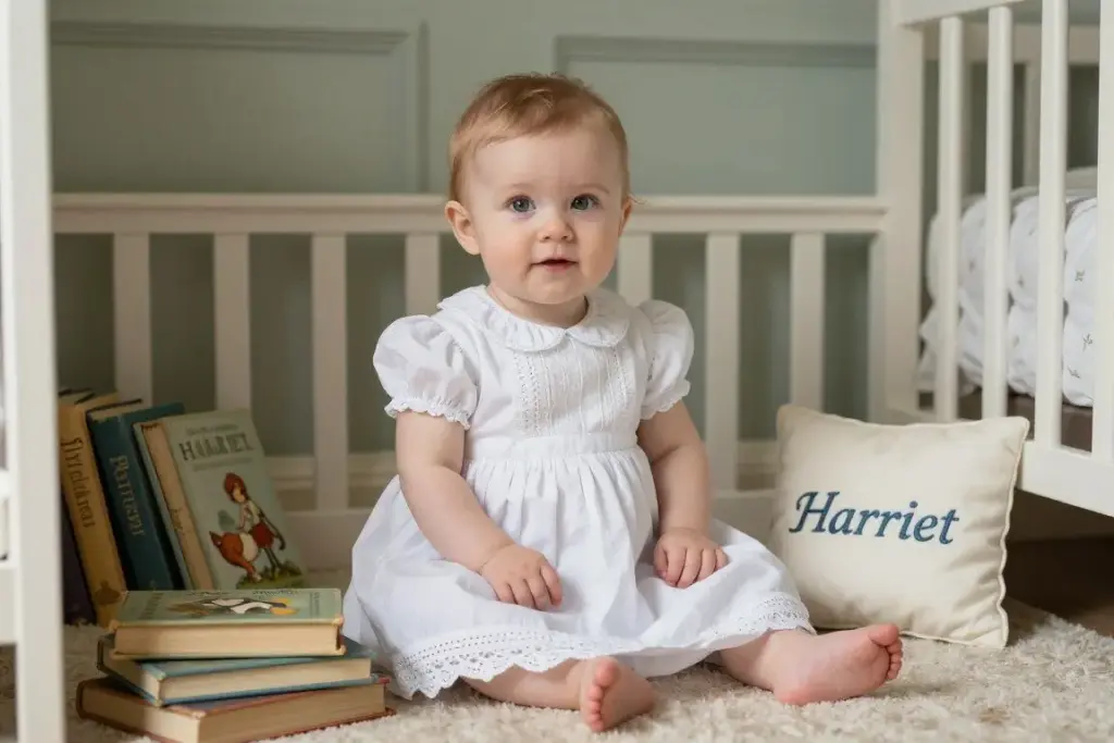 Baby girl named Harriet in classic British setting