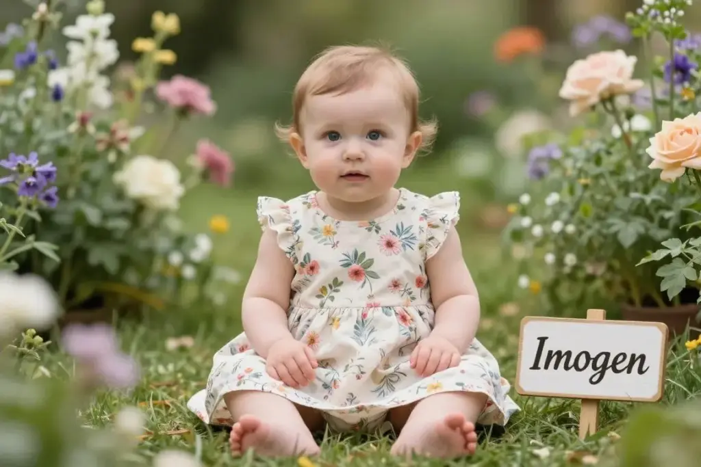 Baby girl named Imogen in garden setting