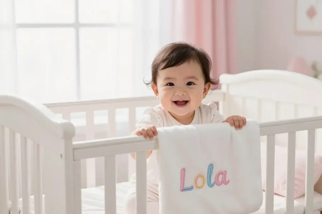 Baby girl named Lola smiling in crib