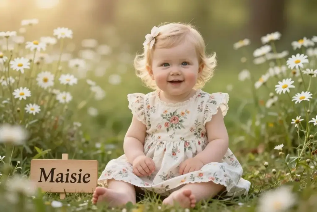 Baby girl named Maisie in vintage-inspired setting