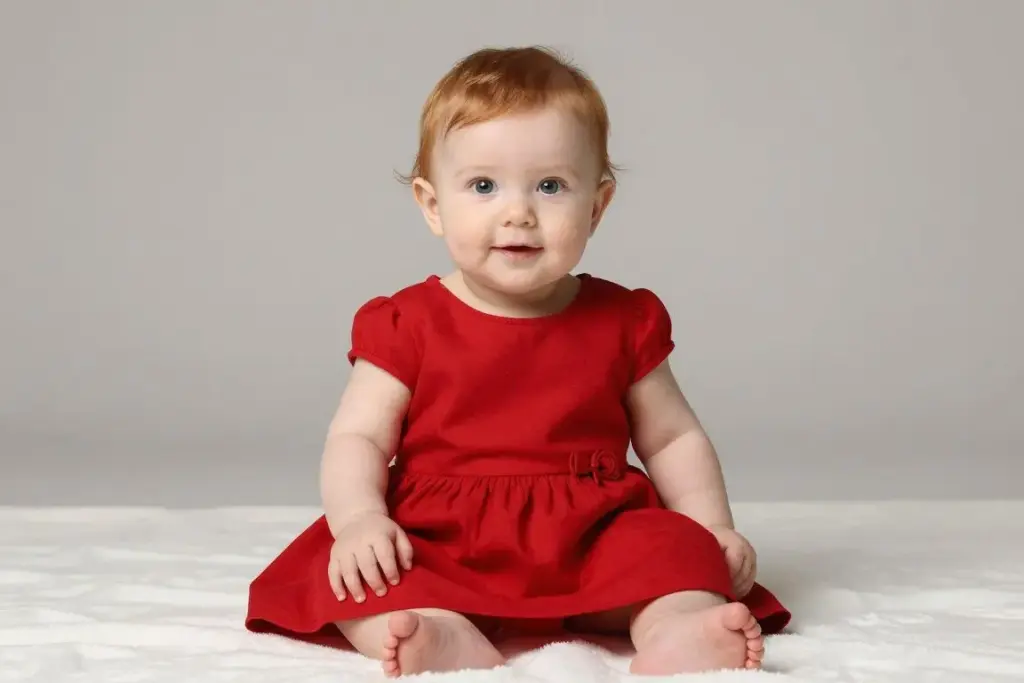 Baby girl named Scarlett wearing red dress
