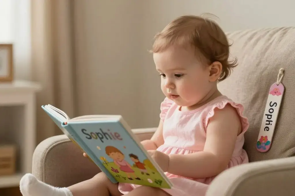 Baby girl named Sophie reading book