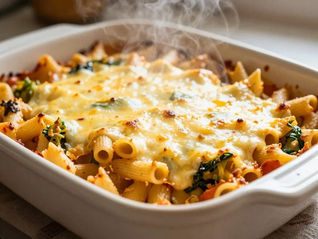 Baked chicken pasta casserole ready for freezing