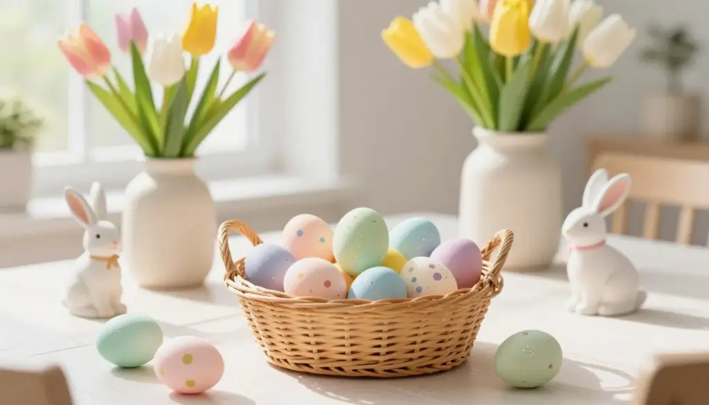 Beautiful Easter table setting with spring flowers, painted eggs, and bunny decorations