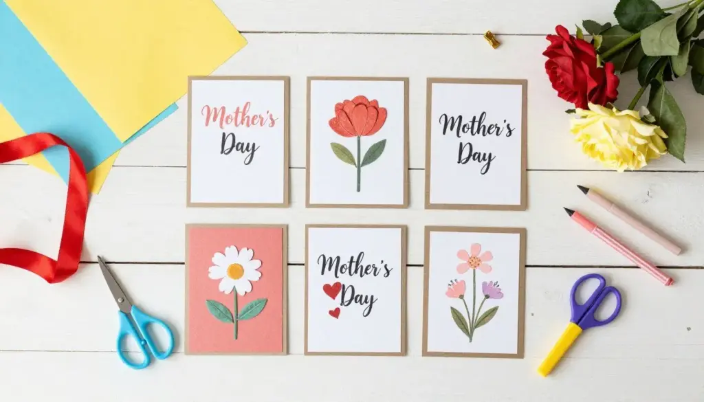 Beautiful handmade mothers day cards arranged on a table with craft supplies