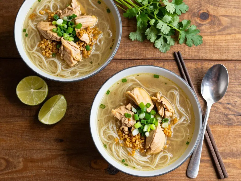 Beautiful presentation of ginger garlic chicken noodle soup in bowls garnished with fresh herbs and green onions