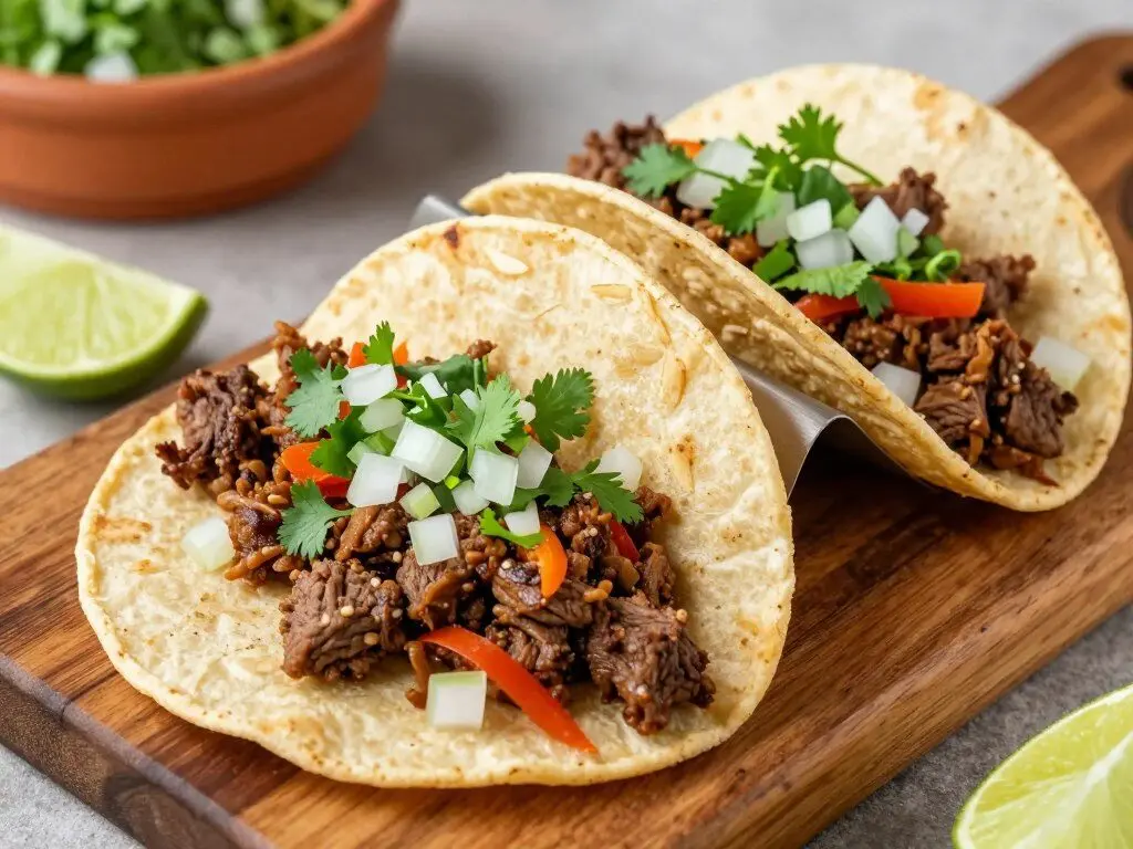 Beef picadillo tacos with traditional toppings