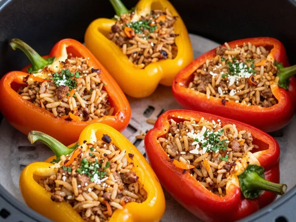 Bell peppers stuffed with meat and rice mixture cooked in an air fryer