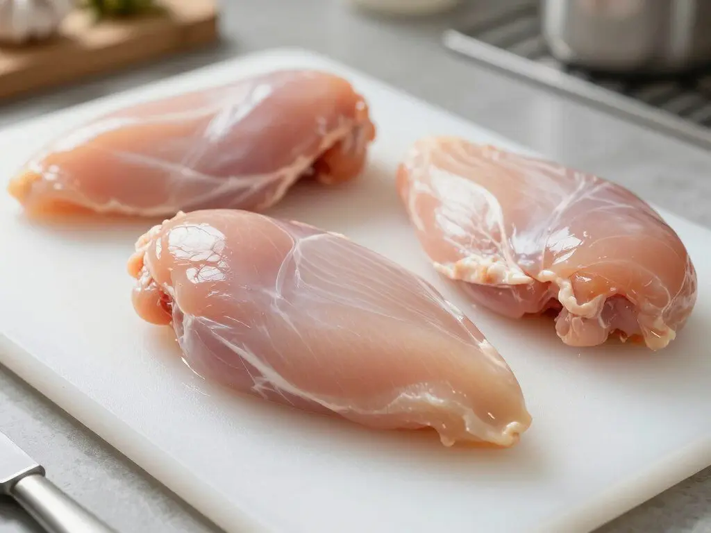 Boneless chicken breast and chicken thighs ready for cooking in ginger garlic chicken noodle soup