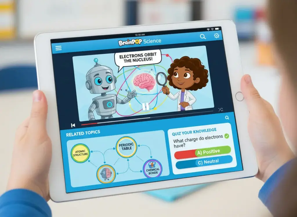 BrainPOP educational video interface with quiz features