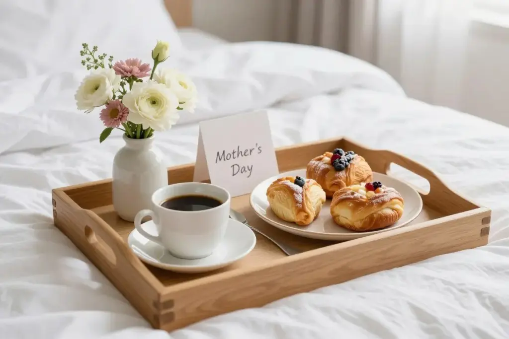 Breakfast in bed setup for Mother's Day