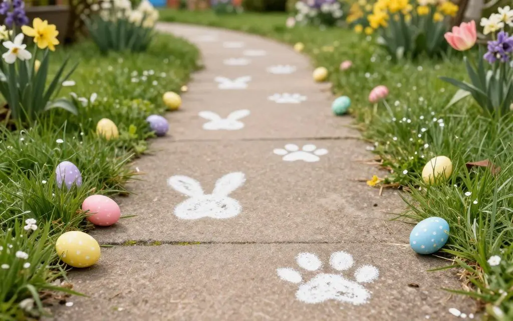 Bunny paw print trail leading to Easter eggs in yard Bunny paw print trail leading to Easter eggs in yard