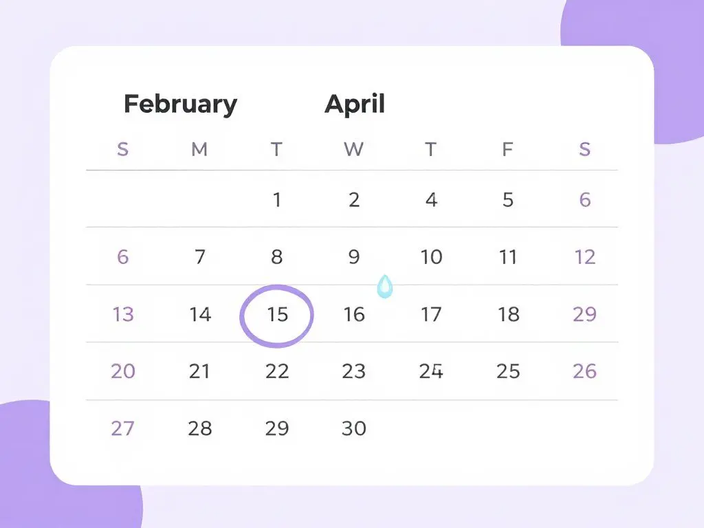 Calendar marking the Lent season period from Ash Wednesday to Easter with purple markers