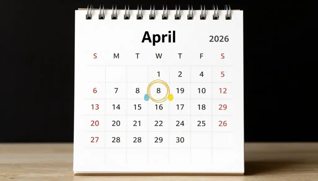 Calendar page showing April 2026 with Easter Sunday highlighted