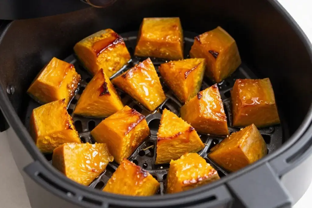Caramelized butternut squash cubes in air fryer basket