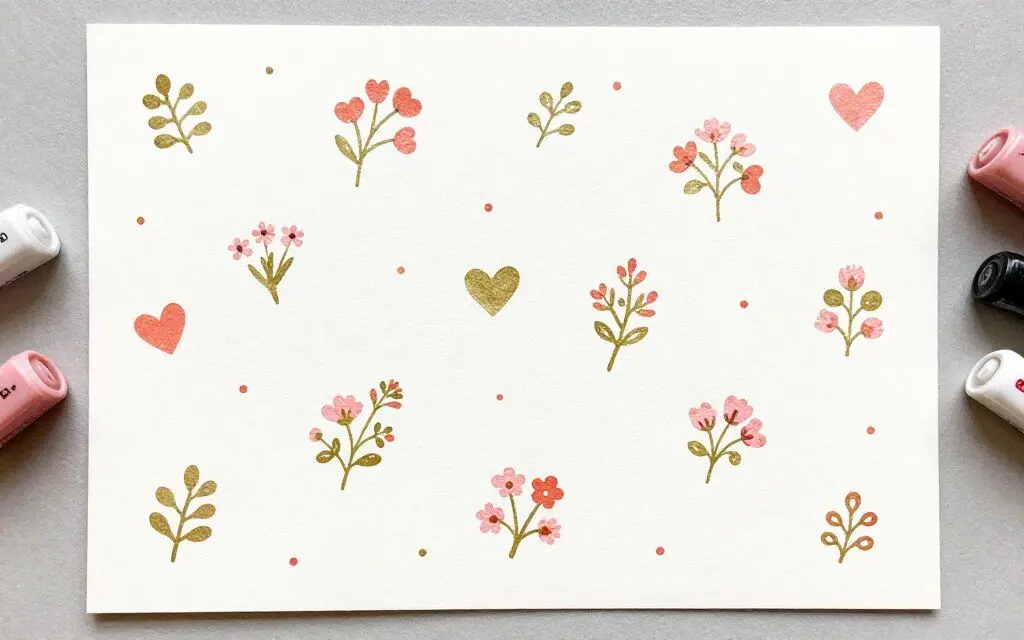 Card decorated with repeated stamped patterns in coordinating colors
