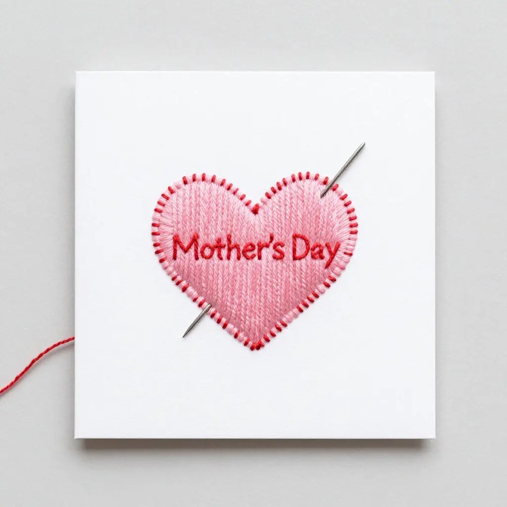 Card featuring a simple embroidered heart design with colorful thread