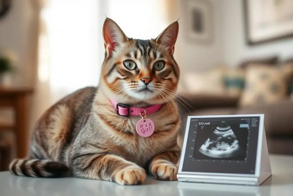 Cat wearing pink collar with 'It's a Girl' tag next to ultrasound photo