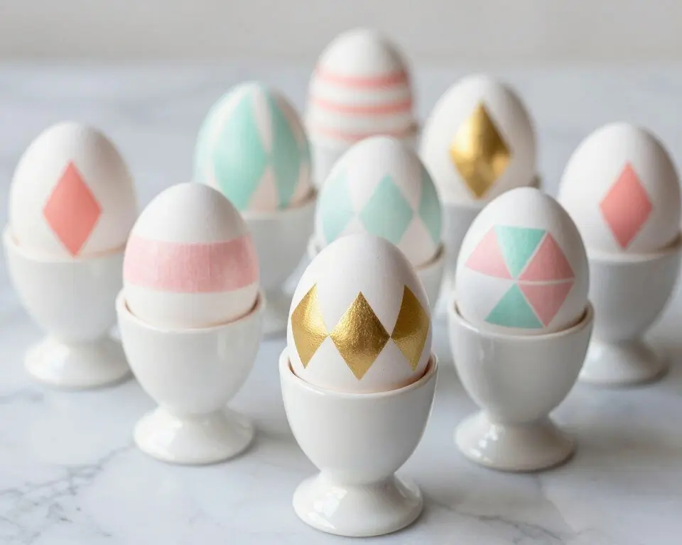 Ceramic eggs decorated with colorful washi tape patterns in egg cups