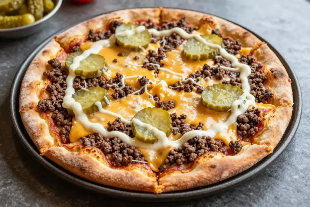 Cheeseburger pizza with all the toppings