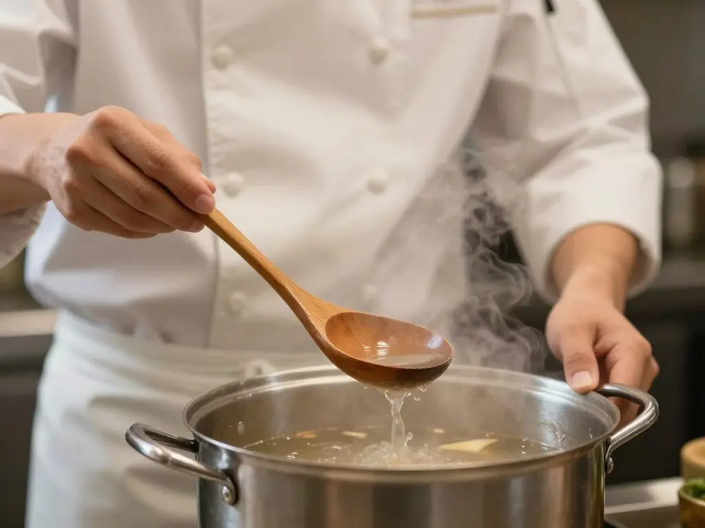 Chef's hands tasting ginger garlic chicken noodle soup from a wooden spoon over a steaming pot
