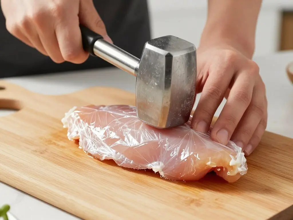 Chicken breasts being pounded to even thickness with a meat mallet