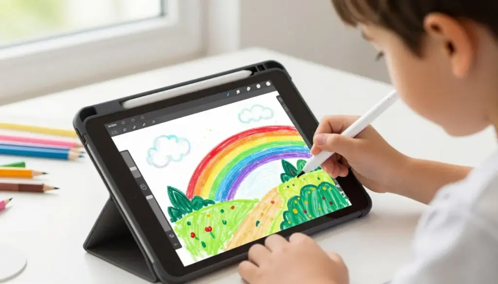 Child creating digital art on tablet with colorful painting interface
