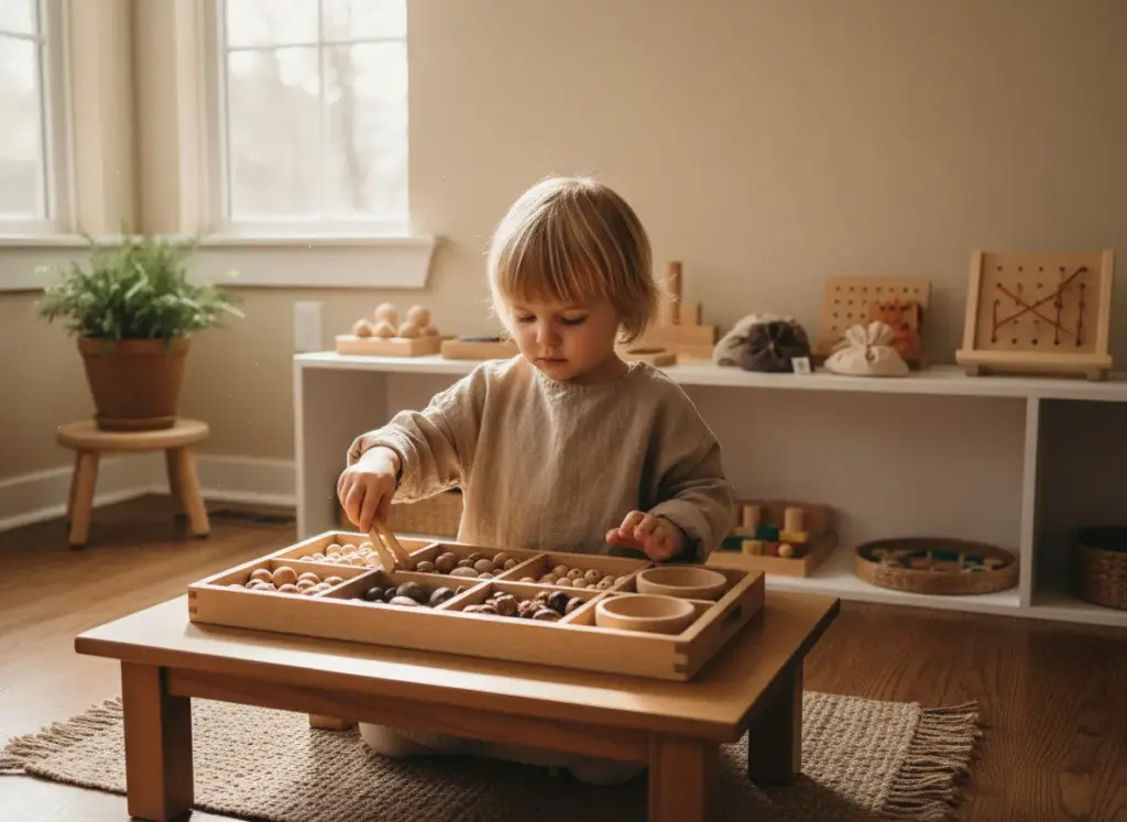 Child engaged with DIY Montessori materials in a prepared environment