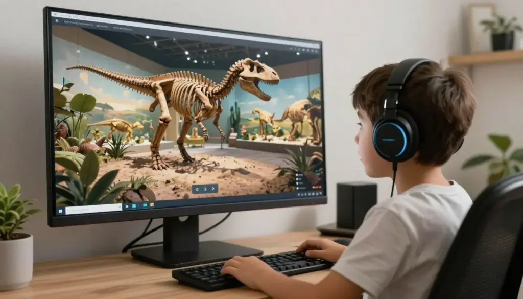 Child experiencing virtual museum tour through computer screen